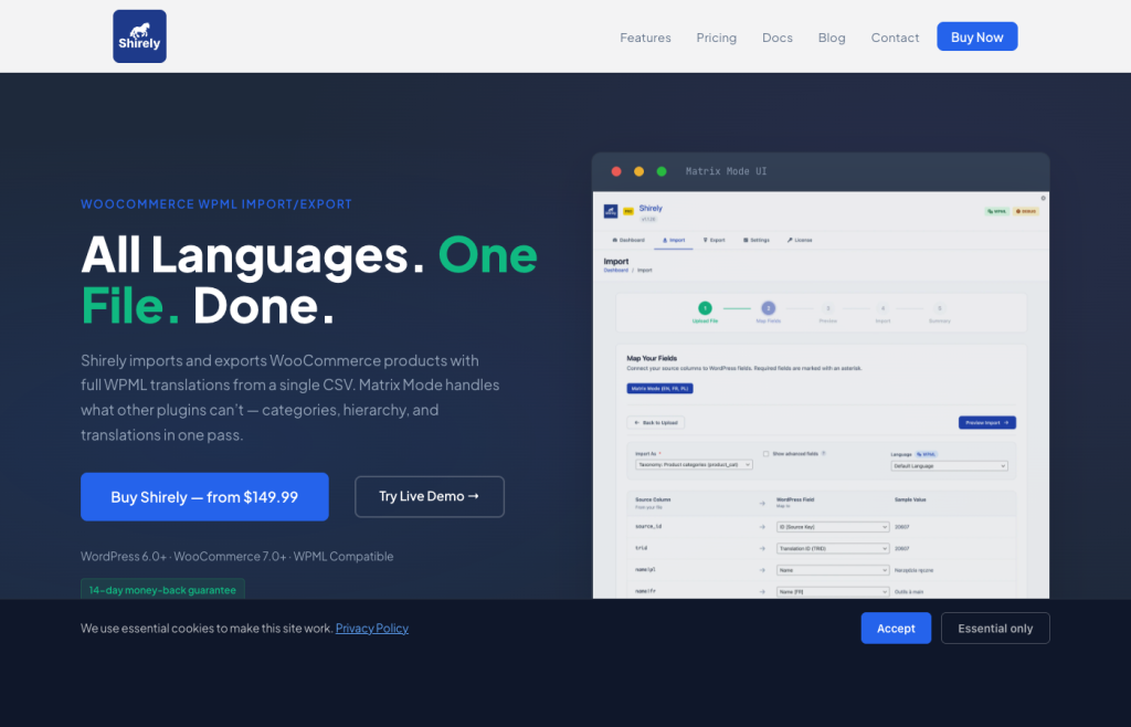 shirely.dev — landing page of the Shirely WooCommerce import/export plugin
